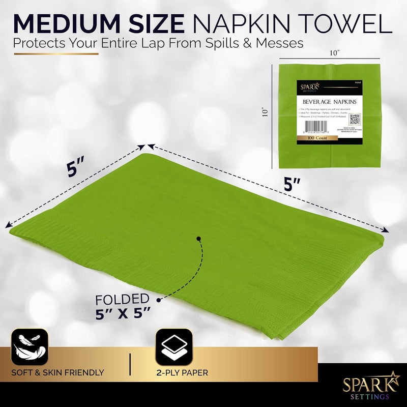 Amcrate 100 Pack Kiwi Green Beverage Napkins, Big Party Pack, 2 Ply, Ideal for Wedding, Party, Birthday, Dinner, Lunch, Cocktails. (5” x 5”) by - Image 3